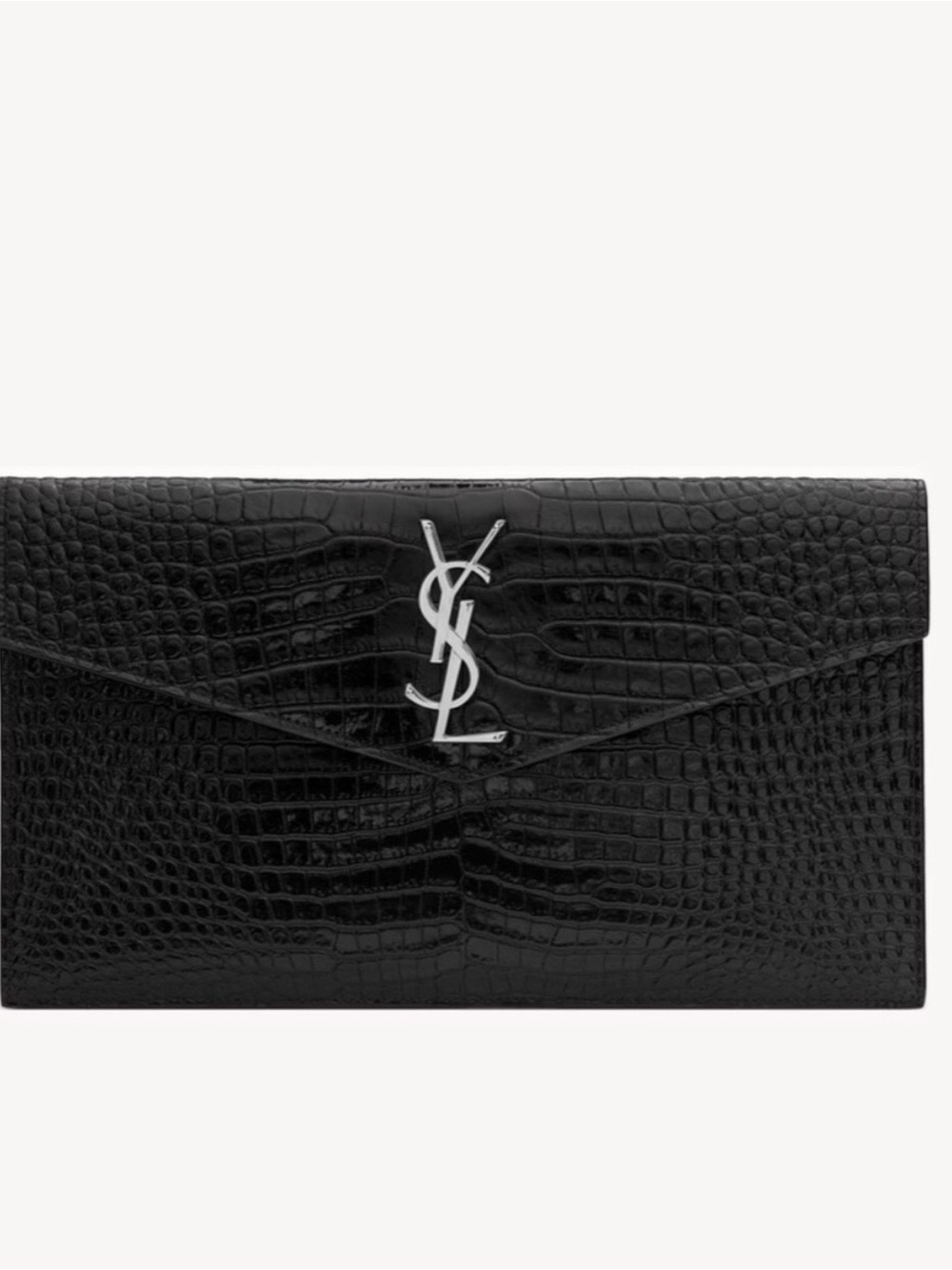 Saint Laurent Black Croc-Embossed YSL Envelope Clutch with Silver Logo